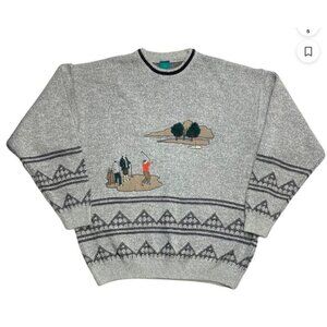 NWT Vintage C&A Sweater Crew Neck Pull Over Golf Scene Knit Design Gray XL